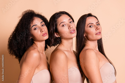 Studio photo of dreamy stunning ladies dressed lingerie no filter acne skin isolated pastel beige color background © deagreez