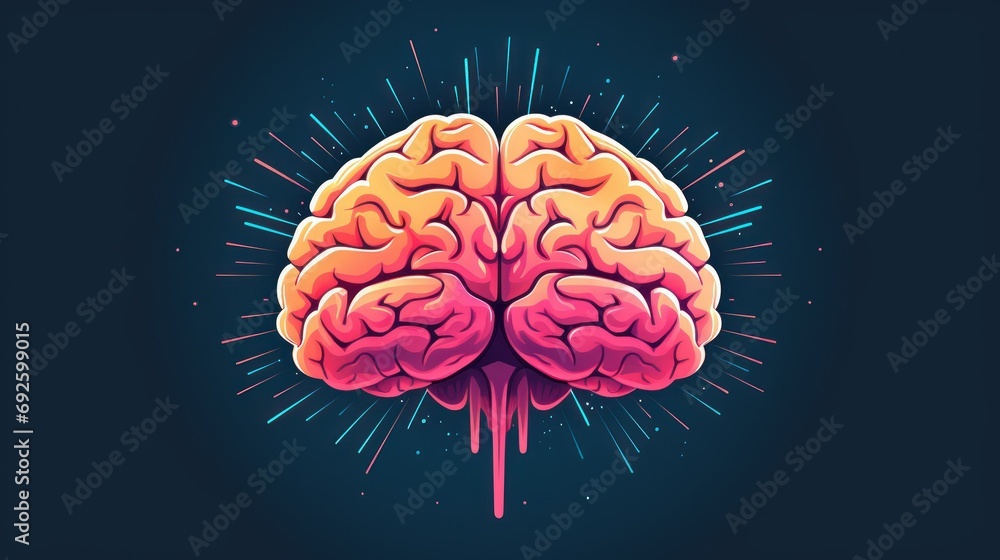simple illustration of a pink brain on a blue background, concept of science, knowledge, medicine, psychology, neurobiology - obrazy, fototapety, plakaty 