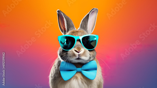 Very cool bunny with sunglasses and bow tie in front of isolated colorful background with copy space. Happy Easter greeting card concept. AI generated. © Czintos Ödön