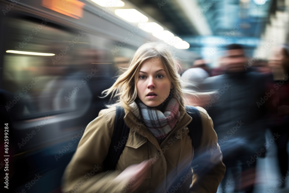 A girl in motion, running after the departing underground.