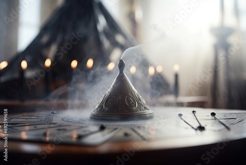 Cartomancy mystery ritual smoke altar. Divination forecasting ceremony of extrasensory oracle. Generate ai photo