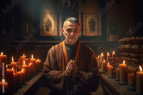 Catholic priest kneeling praying. Spiritual holy man belief in church with burning candles. Generate ai photo