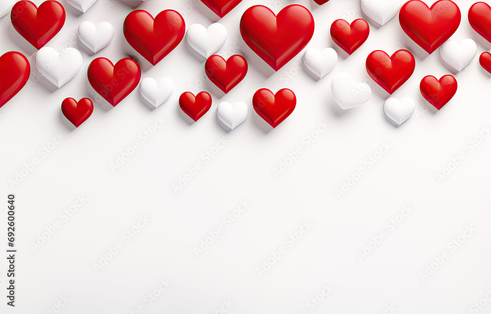 Red and white hearts on white background with empty space Red and white hearts on white background with empty space