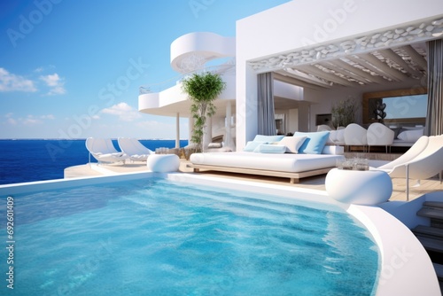 Exterior of modern minimalist white villa with swimming pool © Instacraft.Studio