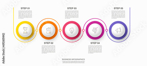Vector line infographics with 5 circles. Business concept graphic process template with five steps. Graphic timeline for app, website, interface, chart, levels, web, diagram, banner, presentations