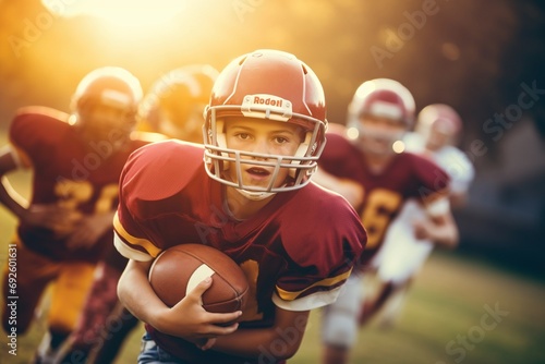 Tiny Teammates: Kids Concept of Little Boys and Girls Playing Youth Tackle Football photo