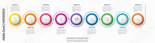 Vector line infographics with 9 circles. Business concept graphic process template with nine steps. Graphic timeline for app, website, interface, chart, levels, web, diagram, banner, presentations