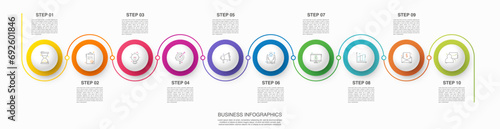 Vector line infographics with ten circles. Business concept graphic process template with 10 steps. Graphic timeline for app, website, interface, chart, levels, web, diagram, banner, presentations