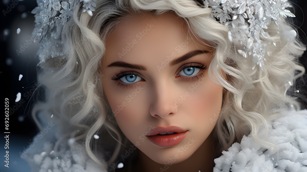 Beautiful Snow queen in winter forest