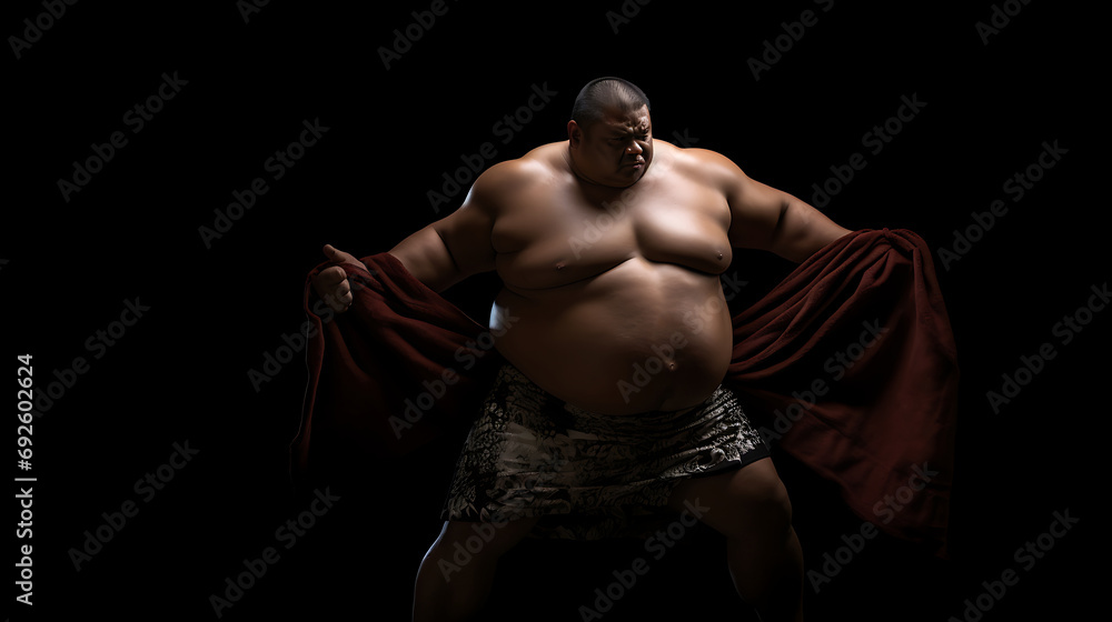 A sumo wrestler stands in a fighting stance on a black background. A sumo wrestler stands in a fighting stance on a black background.