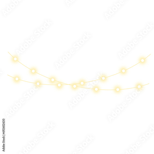Christmas garland isolated on transparent background. Glowing yellow light bulbs with sparkles. Xmas, New Year, wedding or Birthday decor. Party event decoration. Winter holiday season el