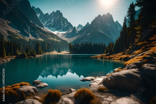A tranquil alpine lake framed by towering peaks in soft morning light photo