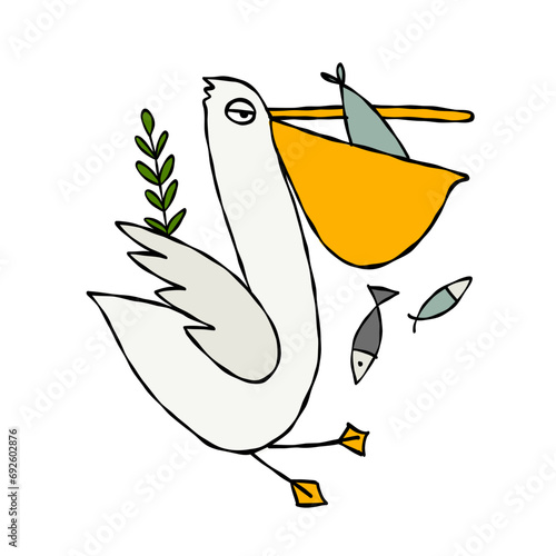 Funny pelican character with fish isolated on white for your design