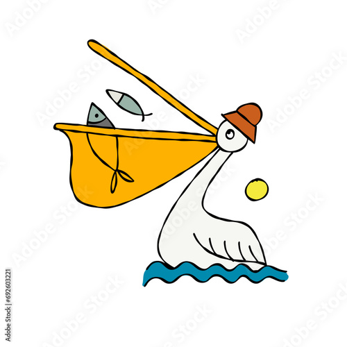 Funny pelican character with fish isolated on white for your design