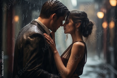 kiss of a man and a woman in the rain