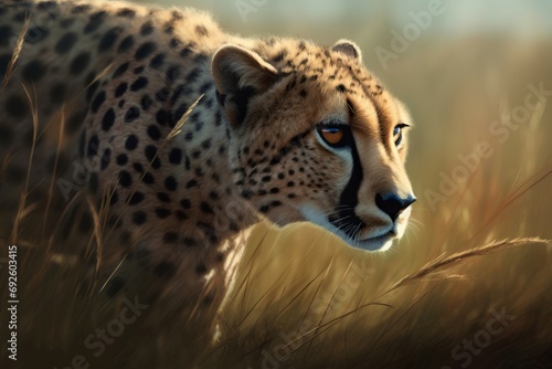 Cheetah portrait stalking savannah. African fauna spotted feline cat hunting prey. Generate ai photo
