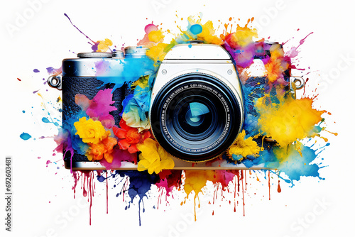 Retro camera illustration with paints, logo