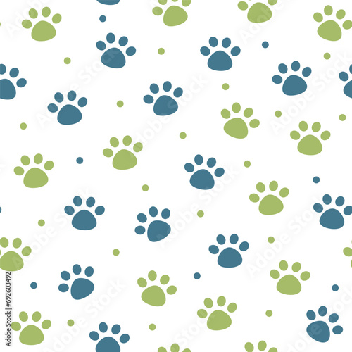 Seamless pattern of animals paw prints on white background. Green and blue colors. Vector