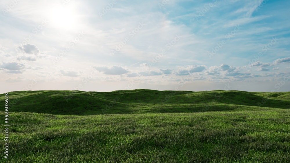 Untouched landscape with green meadow and hills