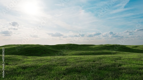 Untouched landscape with green meadow and hills