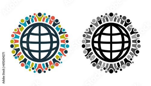 Set people Around Globe. Unity Symbol, teamwork concept. Vector illustration. 