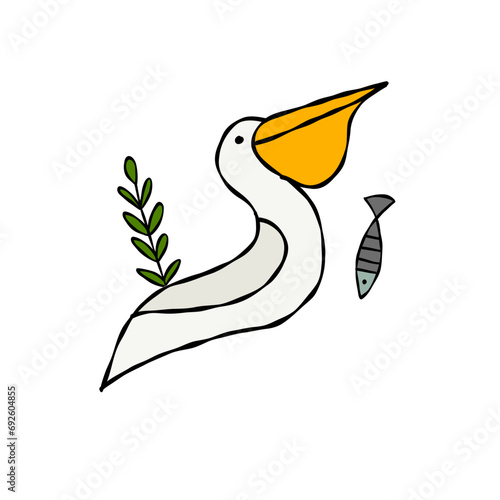 Funny pelican character with fish isolated on white for your design