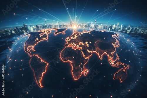 The glowing lines between continents illustrate The Digital Age of Globalisation concept.