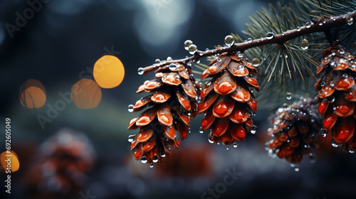 Spruce Tree Cones with Water Drops on Bokeh Background. Evergreen Natural Concept. Closeup. .