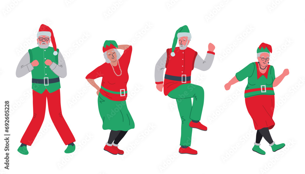 Elderly people in Christmas costumes are dancing and having fun. Christmas party. Positive active seniors. Santa Clauses and elf women. Vector illustration