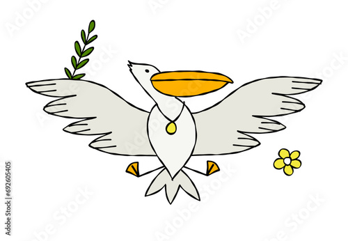 Funny pelican in flight isolated on white for your design