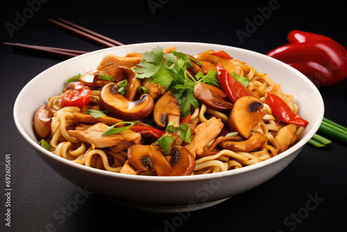 Savory stir-fry noodles with chicken, paprika and mushrooms