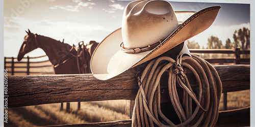 A cowboy hat and lasso hang from the ranch's wooden fence. AI generated. photo