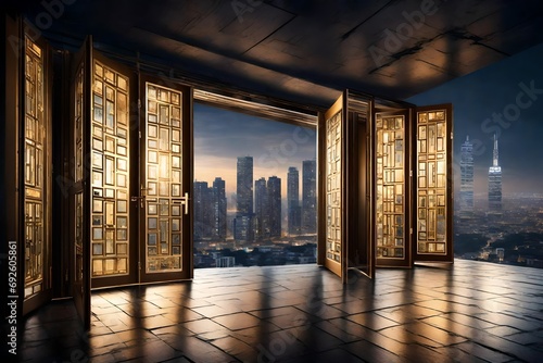 Graceful open doors a captivating cityscape with dazzling lights, portraying an urban scene filled with energy and sophistication