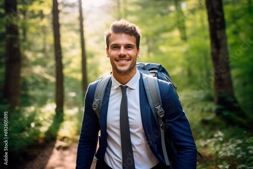 A man in a tie and suit with a backpack travels in nature.