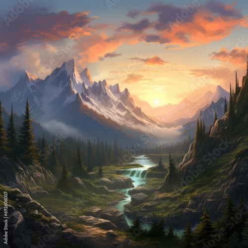 illustration of forrest and river leading to a mountain range, peaks, in the sunrise at golden hour   © Jasenko