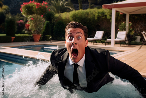 A suited groom accidentally falls into a swimming pool at a wedding party. Confusion at a wedding party in a villa.