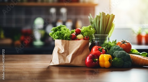 Fresh vegetables, fruits and grains in a crate, a reusable shopping bag sits on the counter in sunny kitchen. shopping, food, ecology, healthy lifestyle and domestic life photo