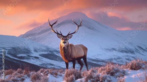 Composite image of red deer stag in Beautiful Alpen Glow hitting mountain peaks in Scottish Highlands during stunning Winter landscape sunrise. Generative Ai.