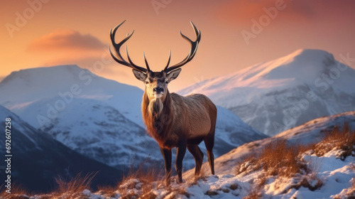 Composite image of red deer stag in Beautiful Alpen Glow hitting mountain peaks in Scottish Highlands during stunning Winter landscape sunrise. Generative Ai. © Santy Hong