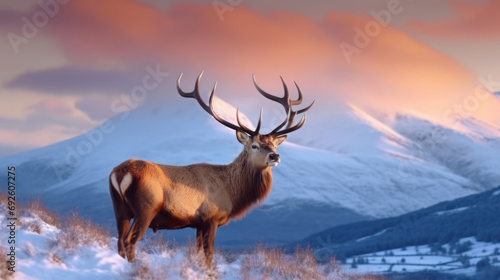 Composite image of red deer stag in Beautiful Alpen Glow hitting mountain peaks in Scottish Highlands during stunning Winter landscape sunrise. Generative Ai.