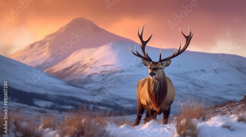 Composite image of red deer stag in Beautiful Alpen Glow hitting mountain peaks in Scottish Highlands during stunning Winter landscape sunrise. Generative Ai. © Santy Hong
