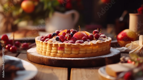 Freshly baked fruit cake on wood table. Generative Ai.