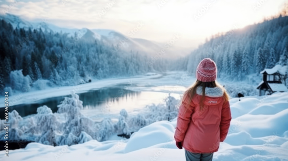 Back view of pre-teen girl enjoying breathtaking view of winter landscape. Generative Ai.