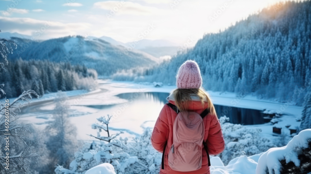 Back view of pre-teen girl enjoying breathtaking view of winter landscape. Generative Ai. Back view of pre-teen girl enjoying breathtaking view of winter landscape. Generative Ai.