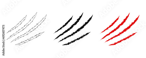 nimal claw scratches and marks. Set. Black and red bloody silhouettes and outline. Icon, flat. Vector isolated on white background. Scratches from a cat, tiger, lion, dog, jaguar, bear, puma, leopard.