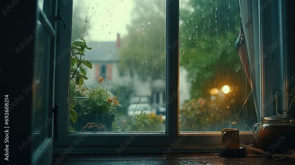 Rainy day outside the window. Generative Ai.