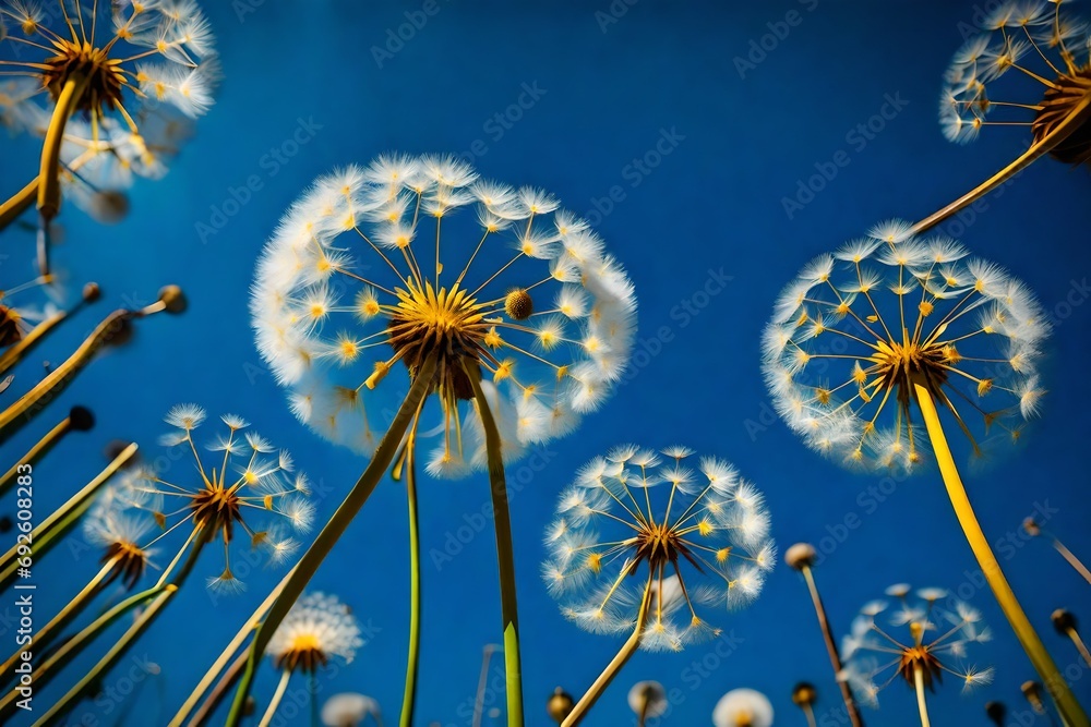 Obraz premium Up-close view of yellow dandelion heads against a deep blue sky, capturing nature's beauty.