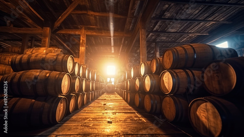 Whiskey, bourbon, scotch barrels in an aging facility. Generative Ai.