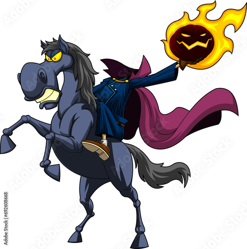 Headless Horseman Cartoon Character With Jack's Lantern Pumpkin Head. Hand Drawn Illustration Isolated On Transparent Background