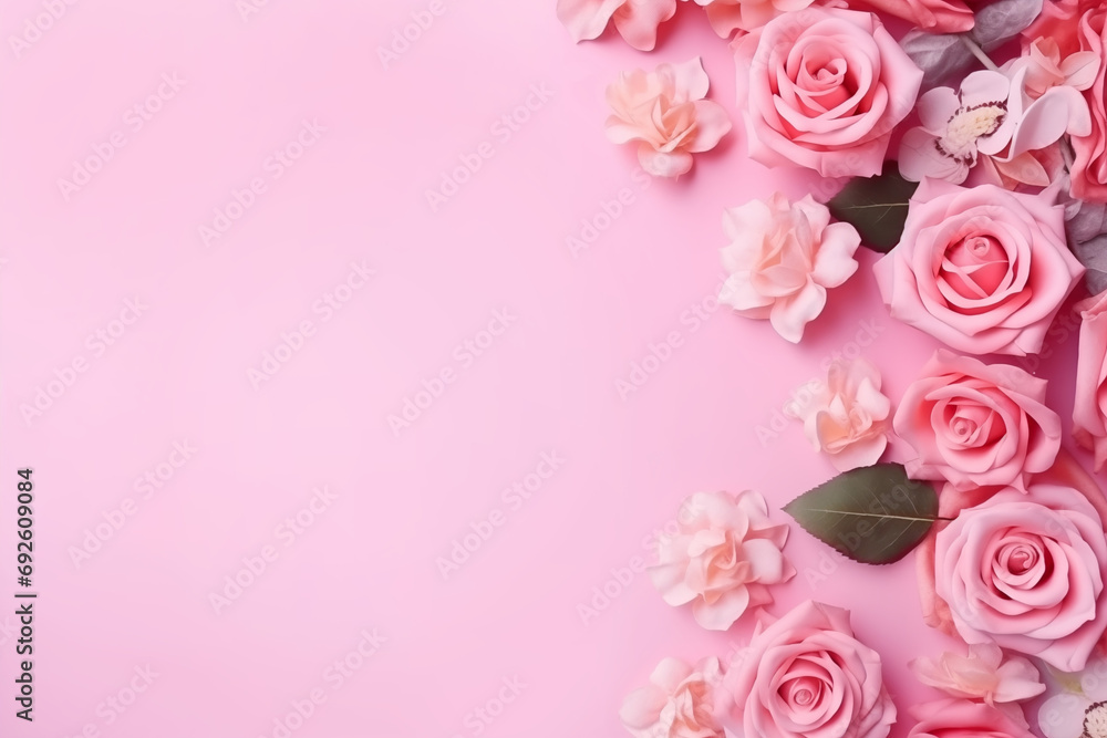 Pink sweet flowers on a pink background with copy space, for wedding, Valentine's Day , anniversary card, Generative AI